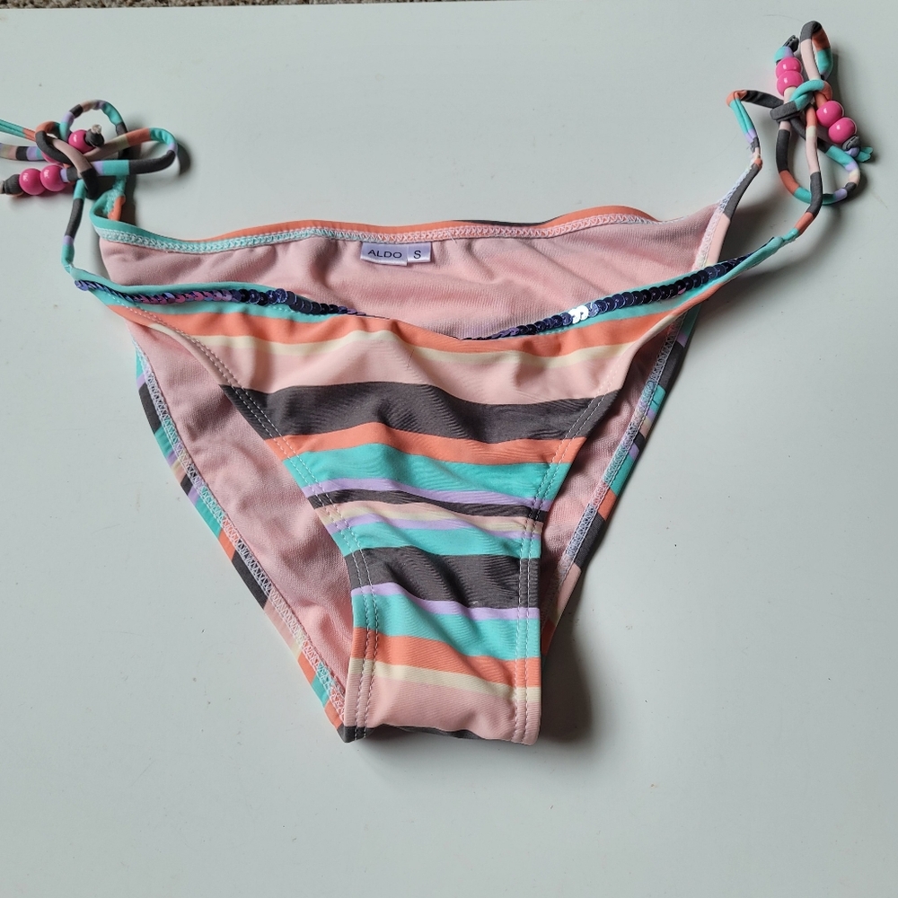 Sale NWOT Aldo Striped Small Bikini Bottom Beaded  Ties Decorative Front Edge